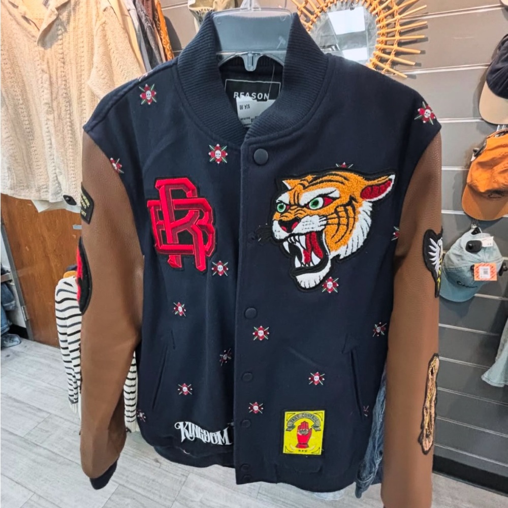 Reason Navy and Brown Varsity Jacket with Embroidery and Tiger Design